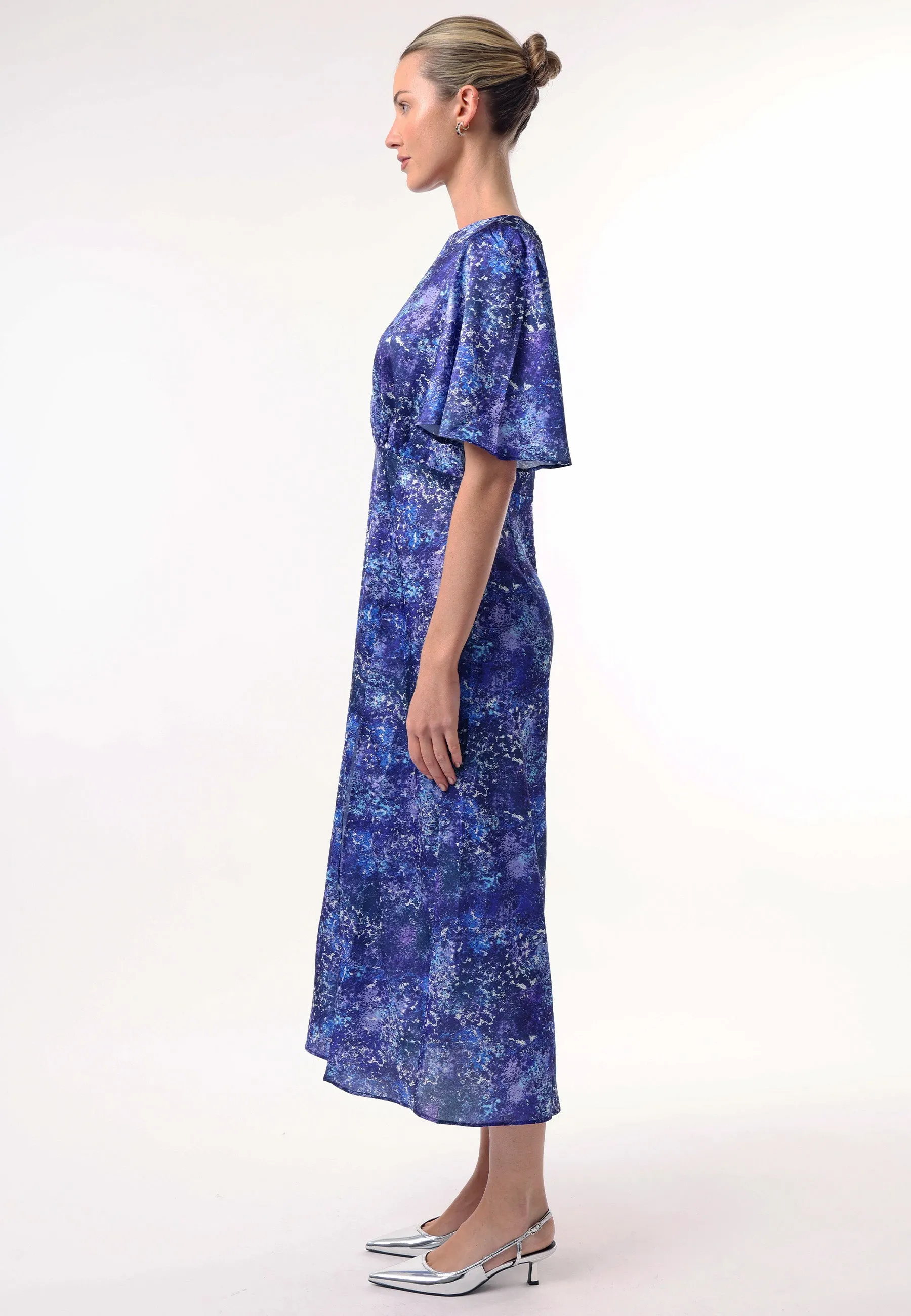 Angel Sleeves Midi Dress with Side Slit in Blue Multi Print