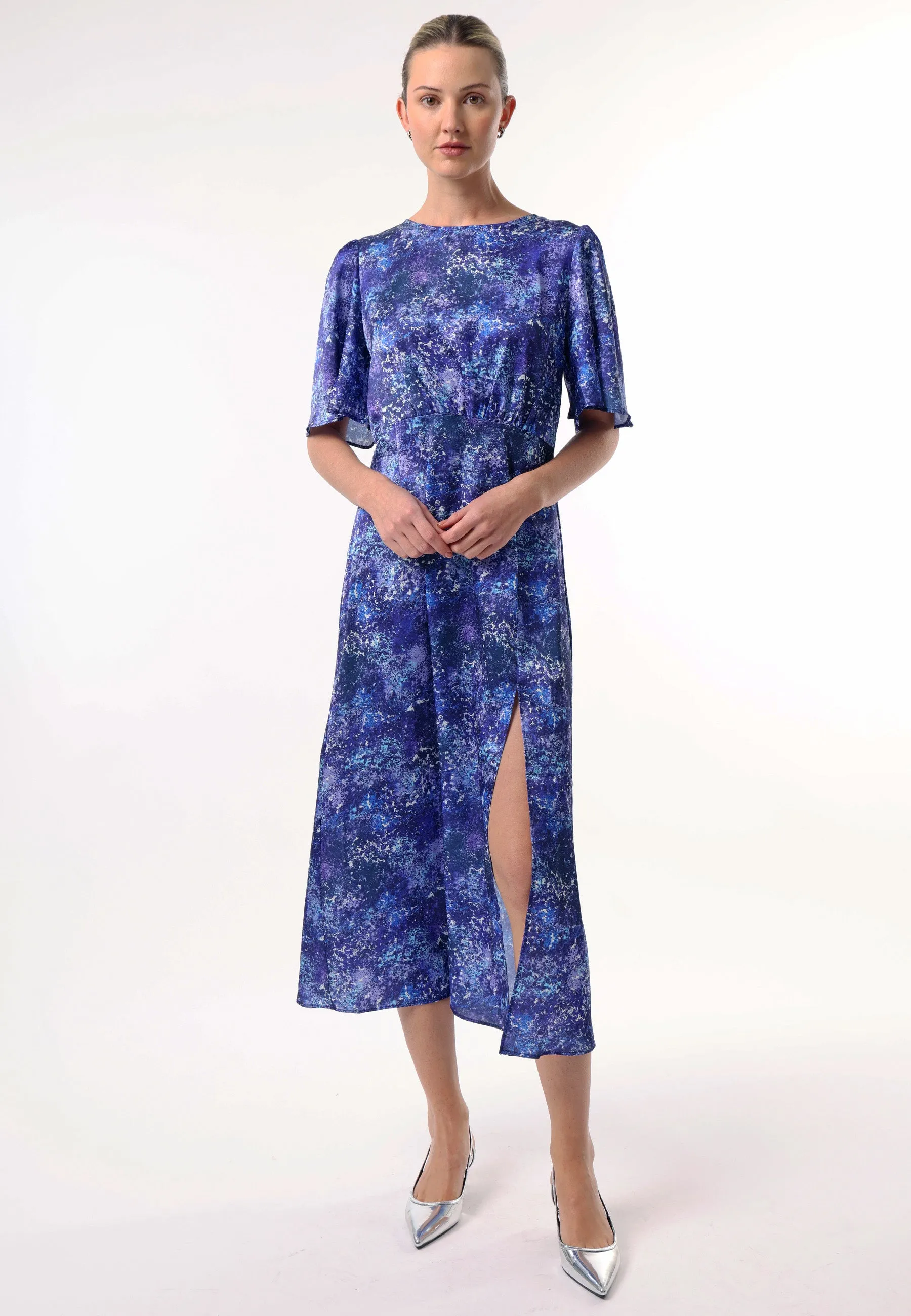 Angel Sleeves Midi Dress with Side Slit in Blue Multi Print