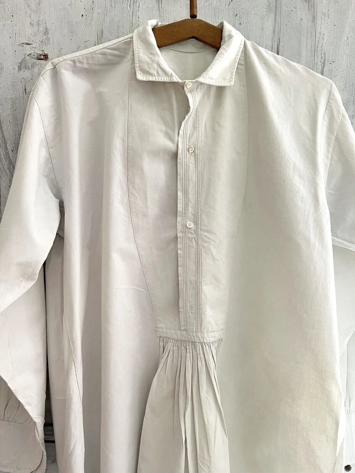 Antique French LONG man front bib pleated WORK WEAR COTTON pintucks SHIRT  c1900