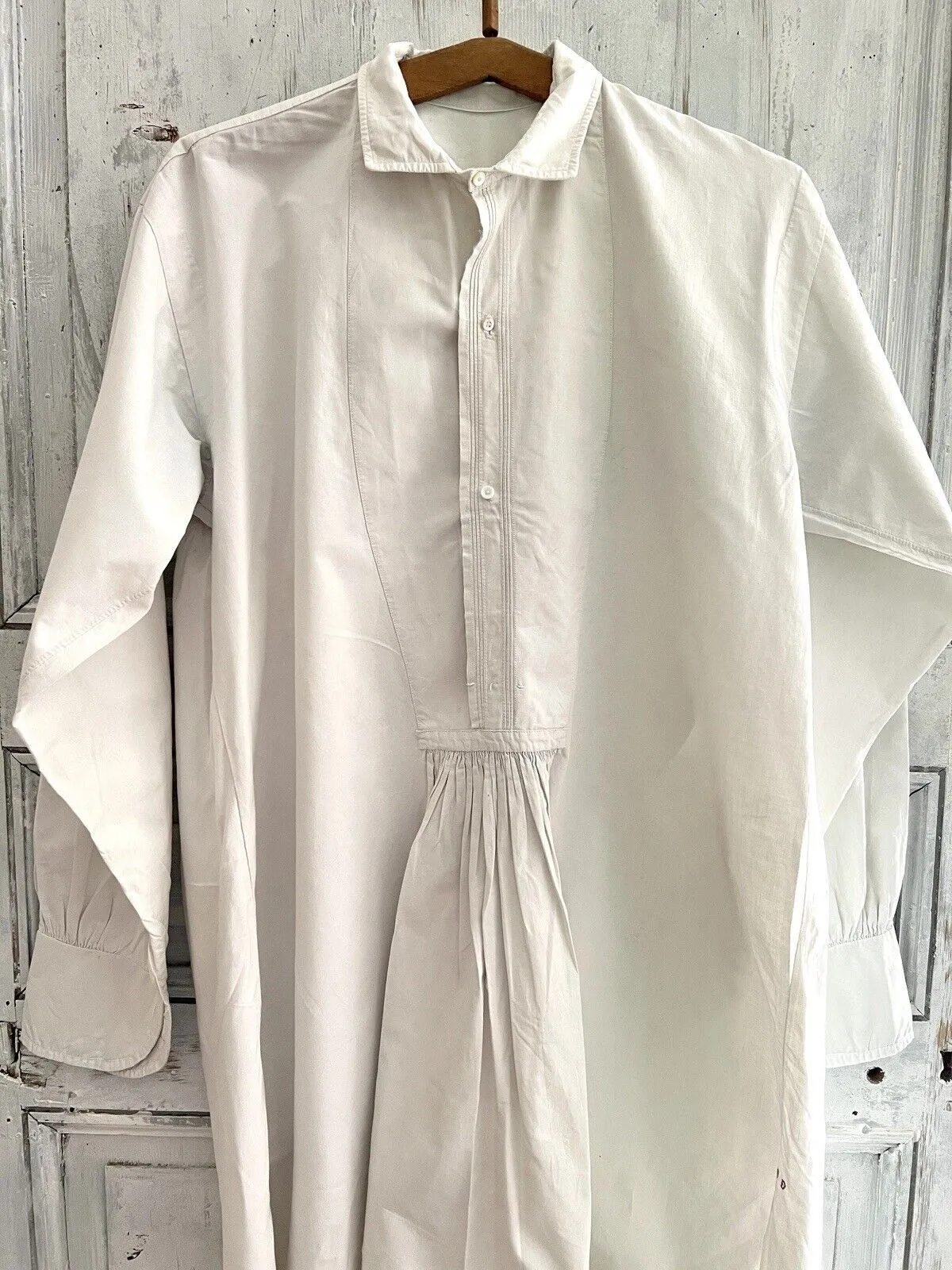 Antique French LONG man front bib pleated WORK WEAR COTTON pintucks SHIRT  c1900