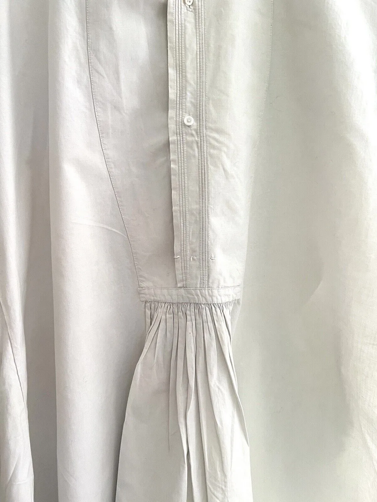 Antique French LONG man front bib pleated WORK WEAR COTTON pintucks SHIRT  c1900