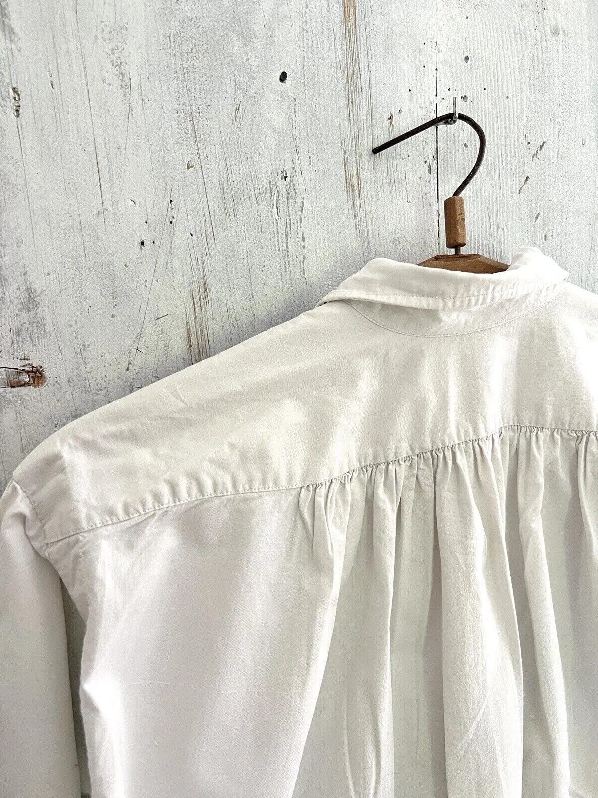 Antique French LONG man front bib pleated WORK WEAR COTTON pintucks SHIRT  c1900