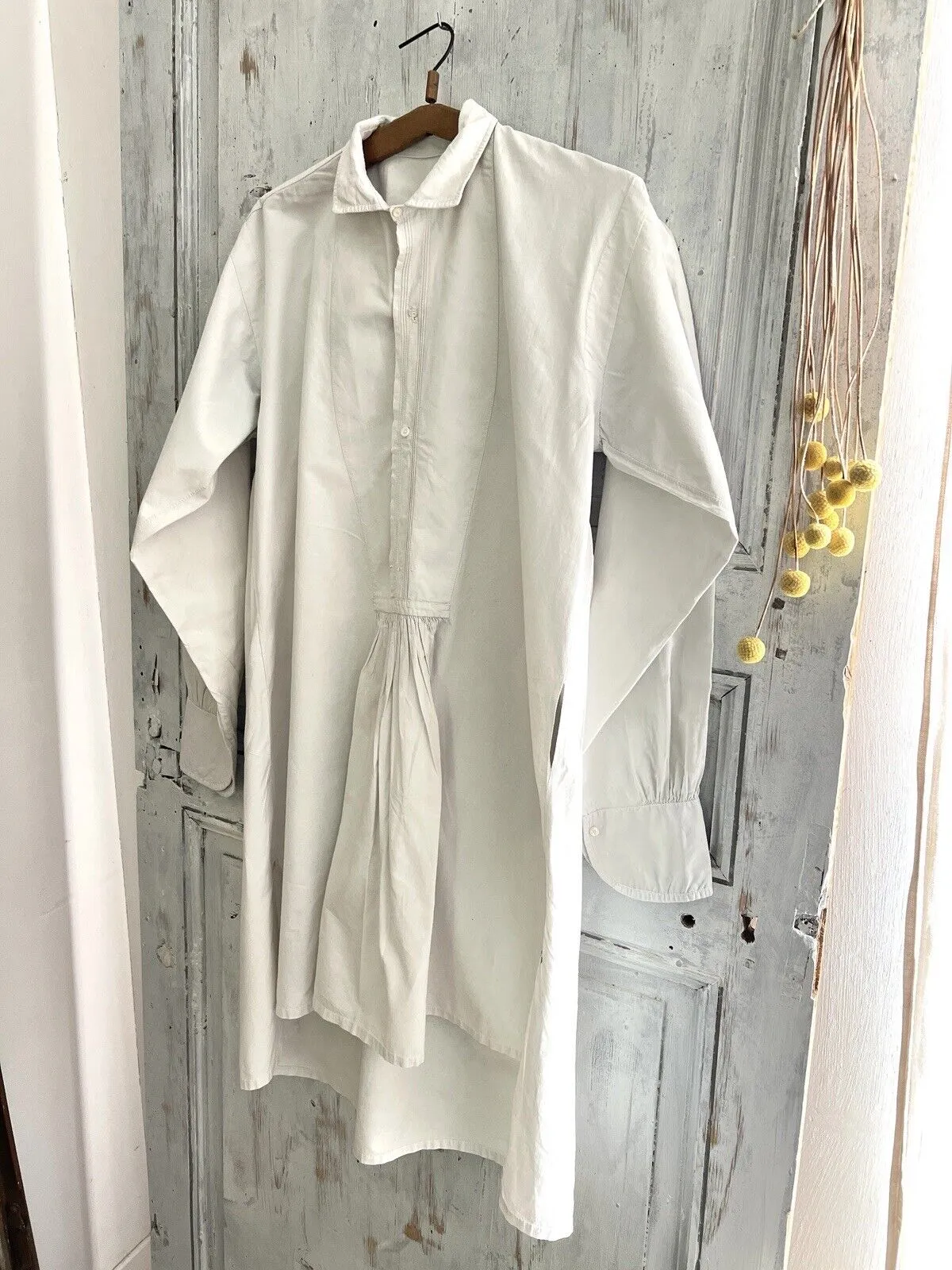 Antique French LONG man front bib pleated WORK WEAR COTTON pintucks SHIRT  c1900