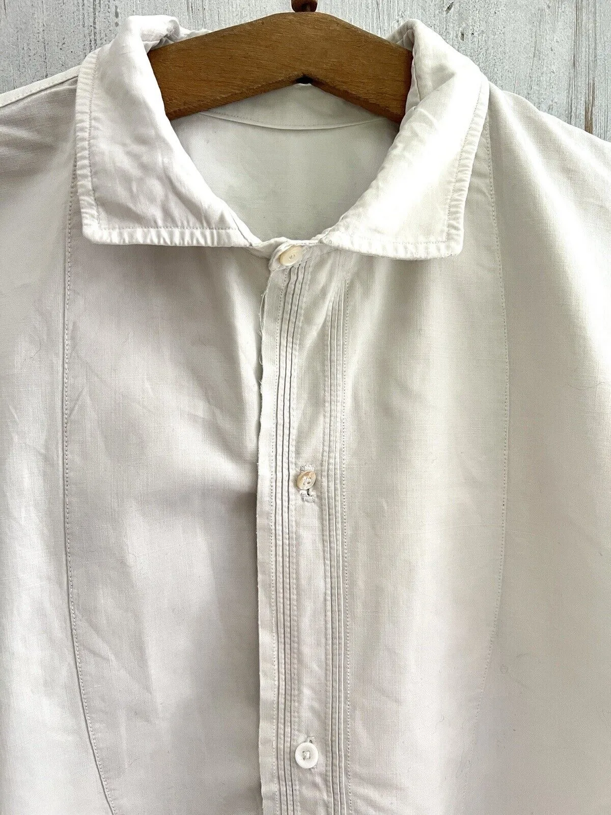 Antique French LONG man front bib pleated WORK WEAR COTTON pintucks SHIRT  c1900