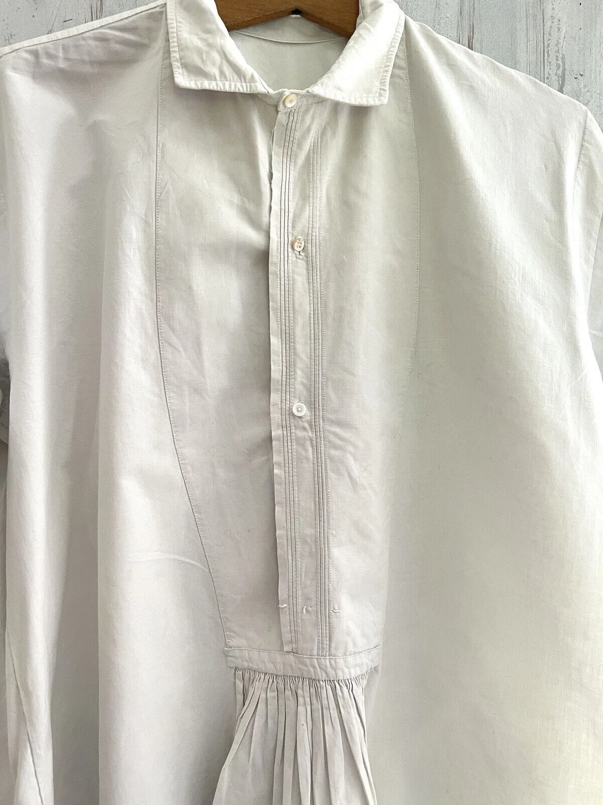 Antique French LONG man front bib pleated WORK WEAR COTTON pintucks SHIRT  c1900