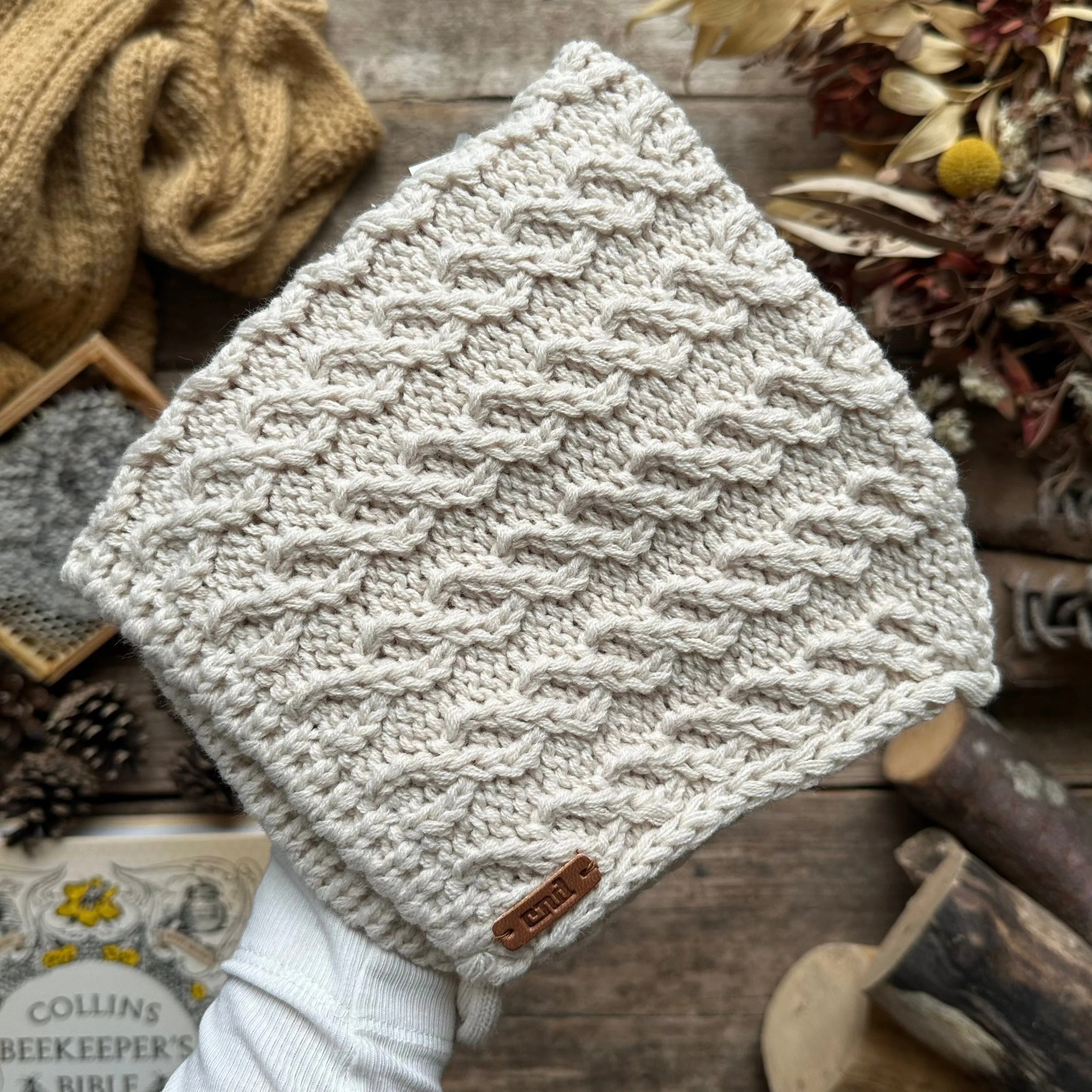 Aran Stitch Bulky Baby Bonnet | Linen