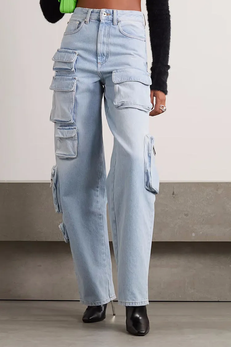 Asymmetric Cargo Pocket Distressed High Waist Straight Leg Faded Jeans