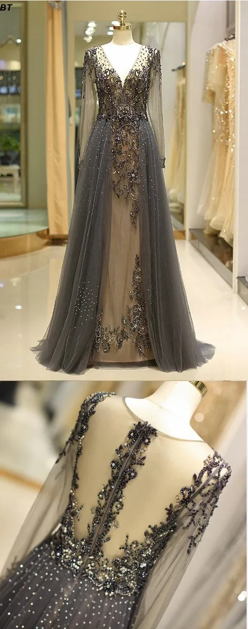 Beaded Prom Dress with Sleeves, Prom Dresses, Evening Dress, Dance Dress, Graduation School Party Gown, PC0390