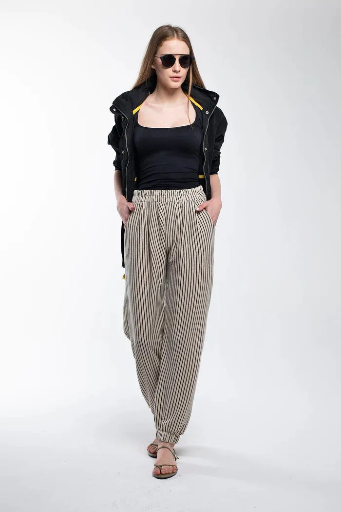 Bee And Alpaca Striped Linen Pants With Elastic Legs