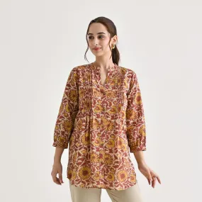 Beige Sanganeri Printed Cotton Tunic with Pintuck Detail