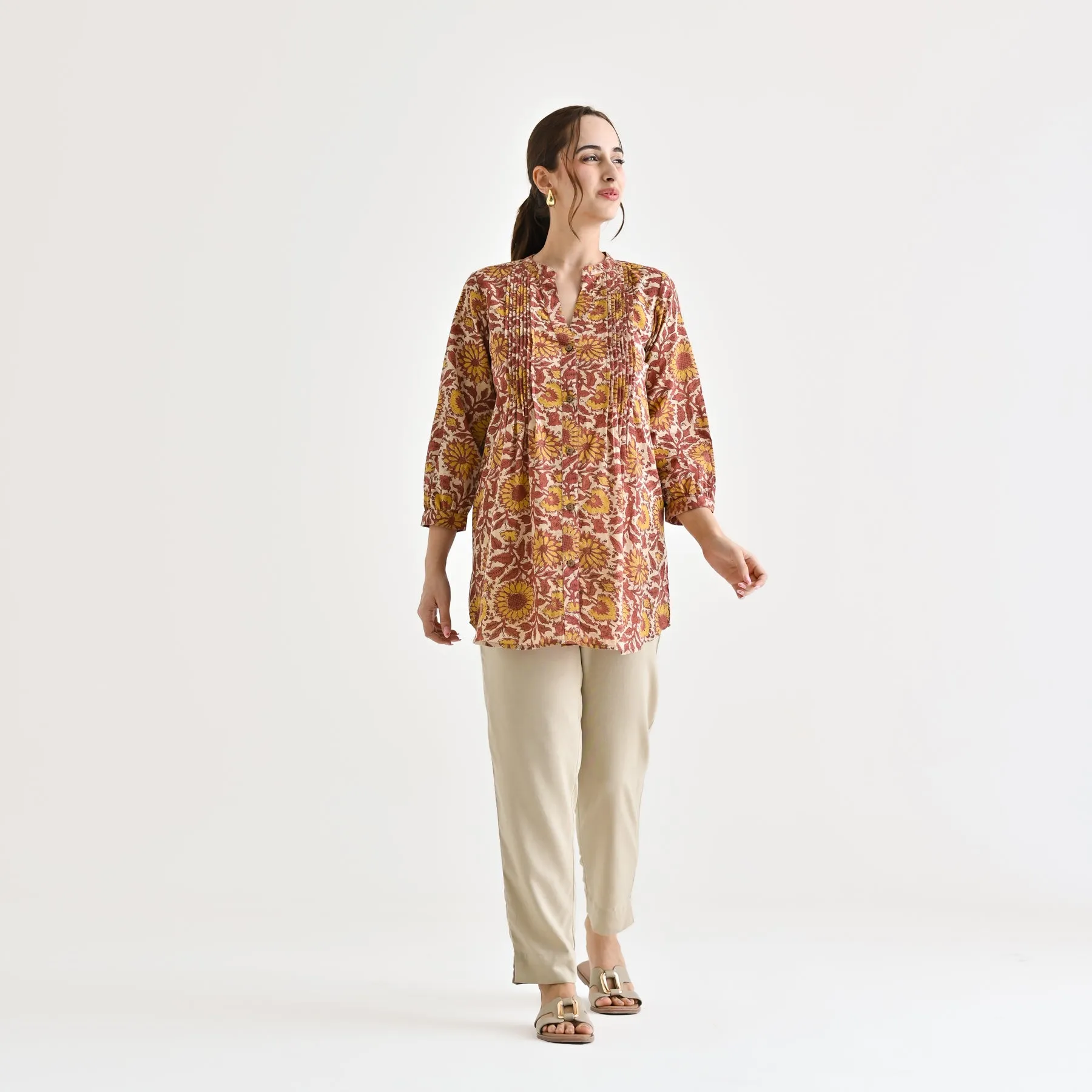 Beige Sanganeri Printed Cotton Tunic with Pintuck Detail