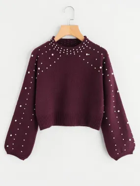 Bishop Sleeve Pearl Beading Crop Sweater