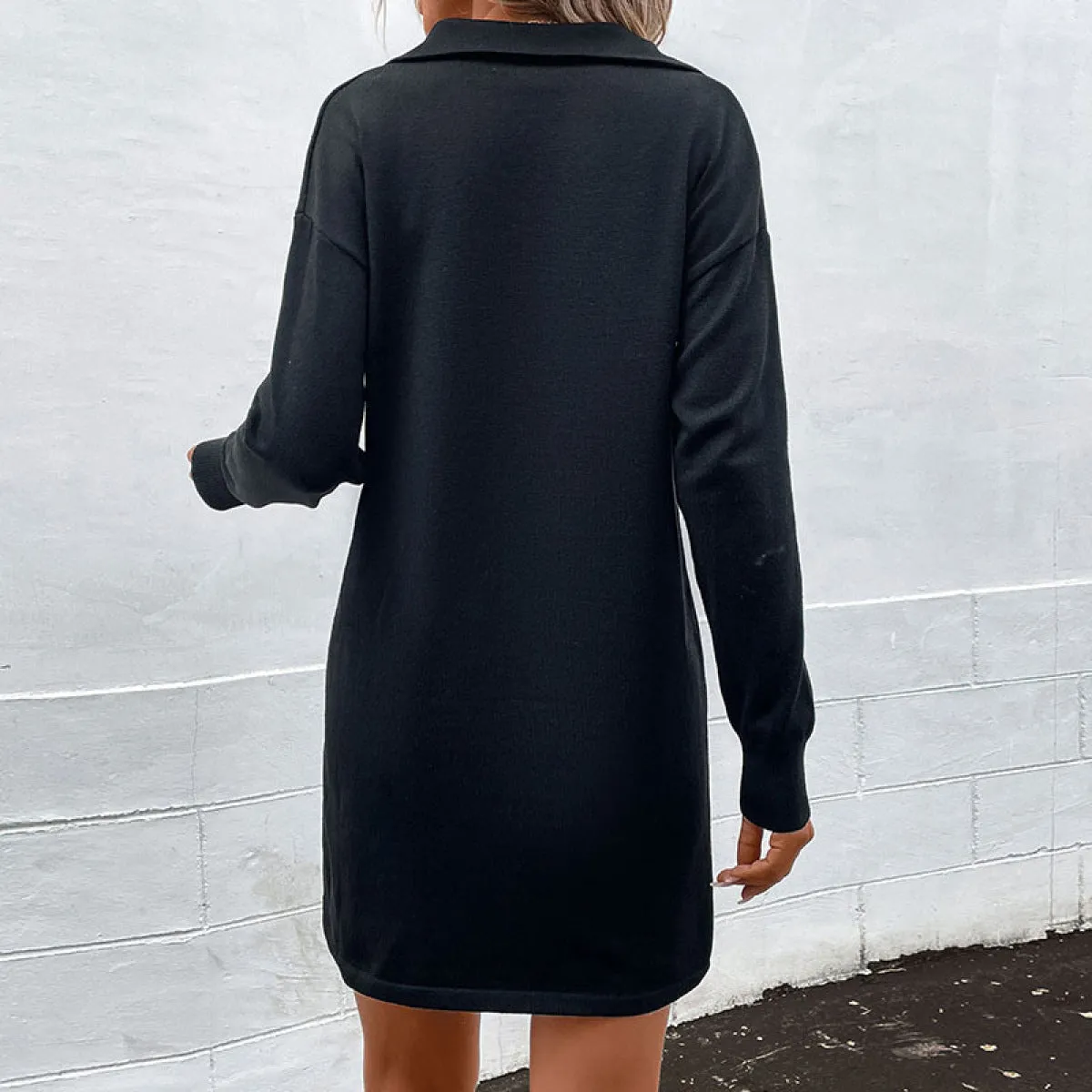 Black 1/4 Zipper Collared Neck Sweater Mini Dress