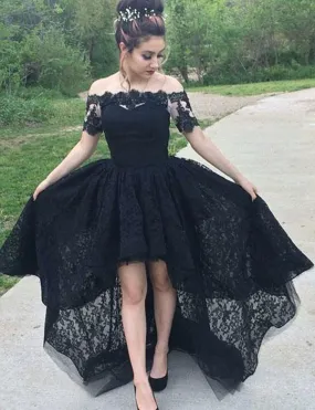 Black Lace Prom Dress High Low, Evening Dress ,Winter Formal Dress, Pageant Dance Dresses, Graduation School Party Gown, PC0132