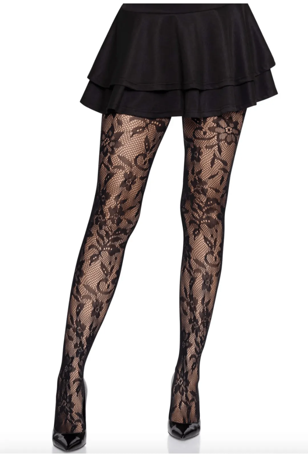 Black Seamless Chantilly Floral Lace Tights