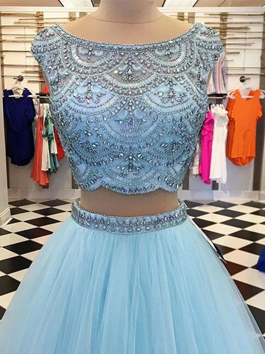 Blue A Line Round Neck Two Pieces Beading Tulle Long Prom, Two Pieces Blue Formal, Blue Evening