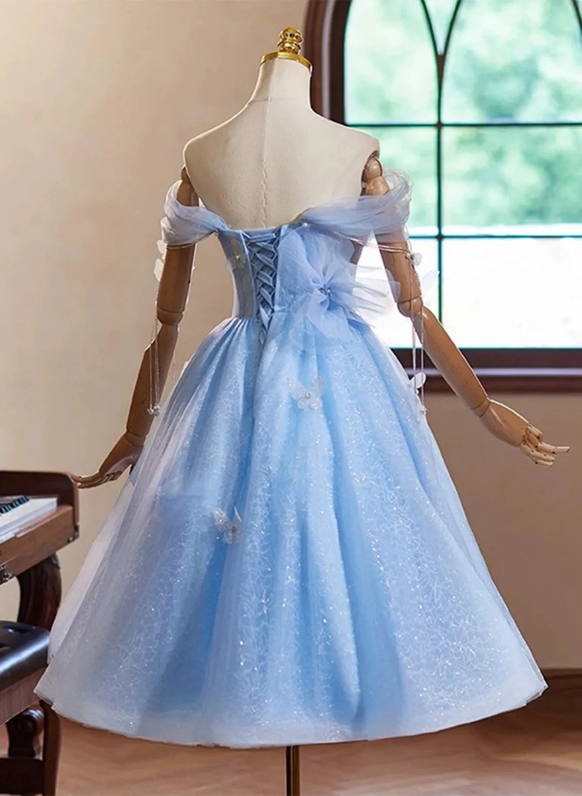 Blue Off Shoulder Tulle Short Homecoming Dress, Blue Sweetheart Prom Dress