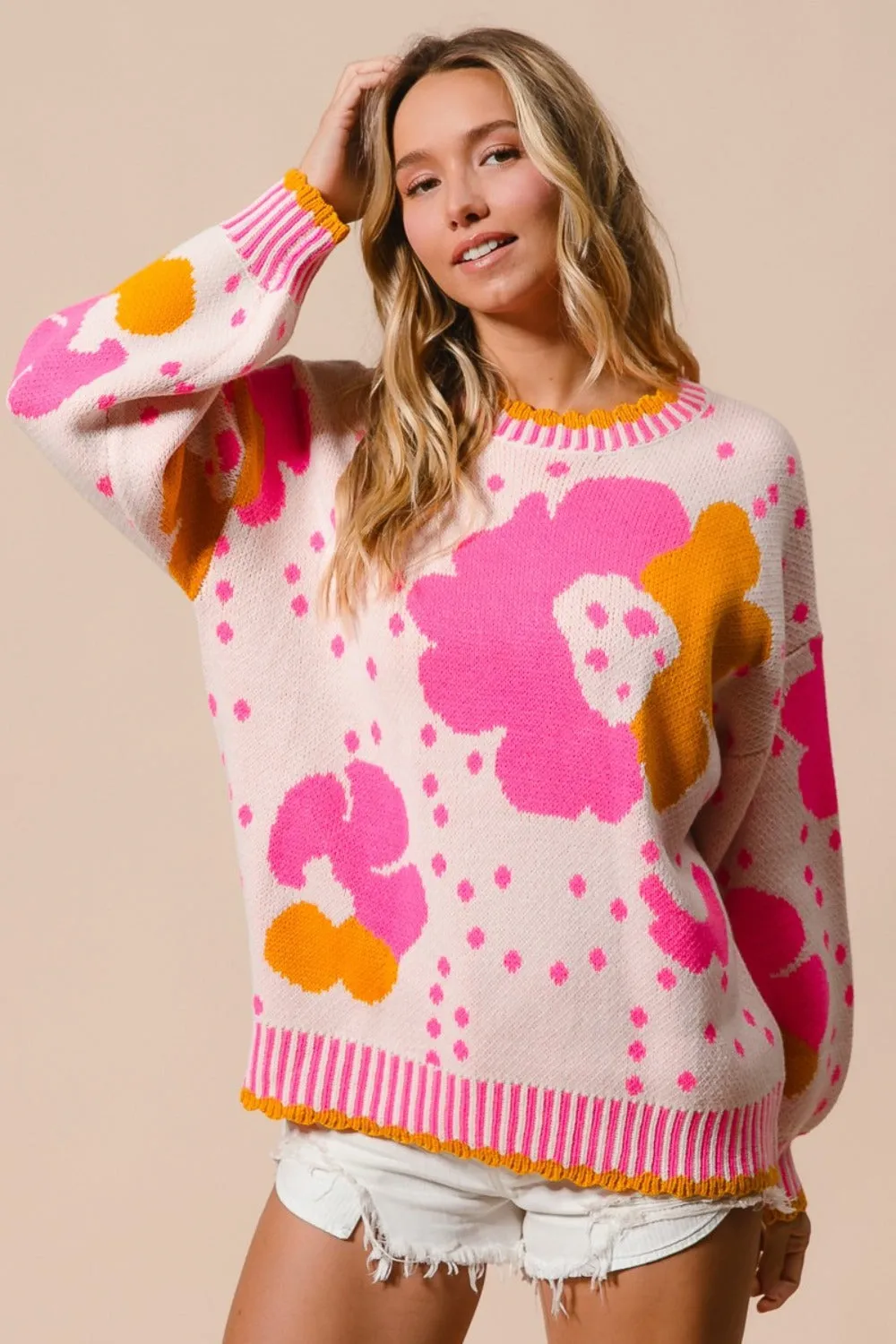 Blue Zone Planet |  BiBi Flower Pattern Contrast Sweater