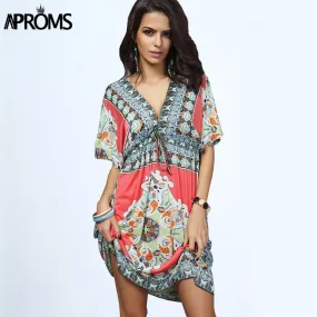 Boho Summer Women Dress Sexy Loose Sundresses Deep V Neck Dashiki Print Tunic Beach Dresses Big Size 2XL Woman SunDress Robe