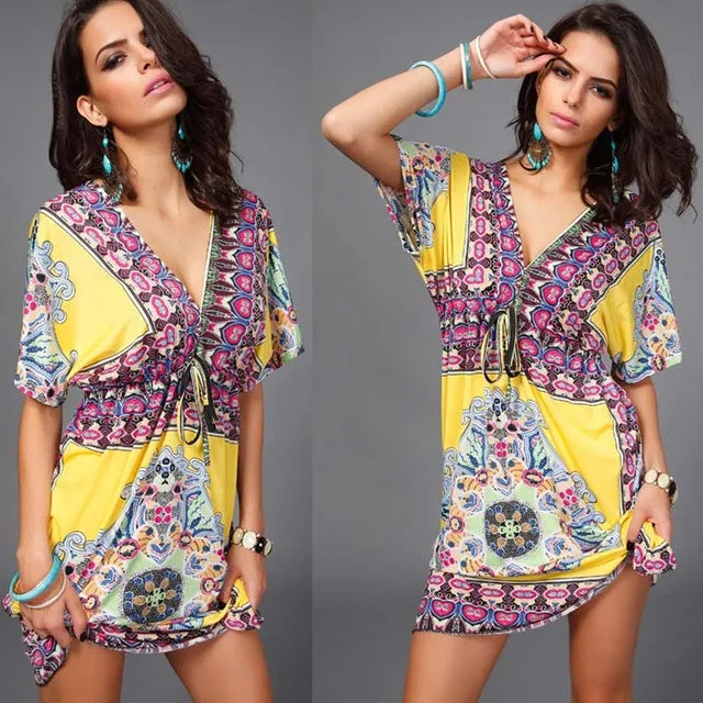 Boho Summer Women Dress Sexy Loose Sundresses Deep V Neck Dashiki Print Tunic Beach Dresses Big Size 2XL Woman SunDress Robe