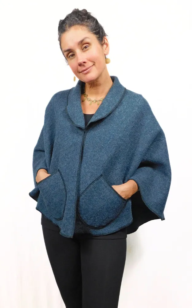 Boiled Wool Cape Jacket - Dusty Blue