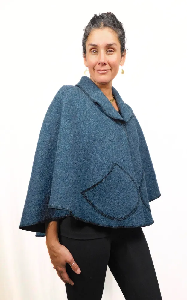 Boiled Wool Cape Jacket - Dusty Blue