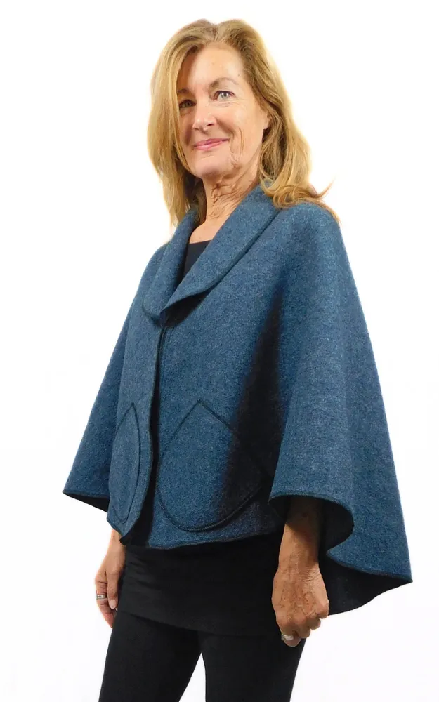 Boiled Wool Cape Jacket - Dusty Blue