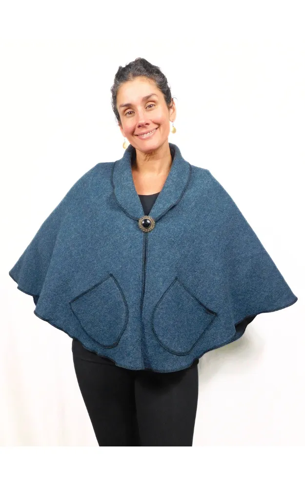 Boiled Wool Cape Jacket - Dusty Blue