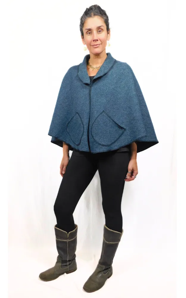 Boiled Wool Cape Jacket - Dusty Blue