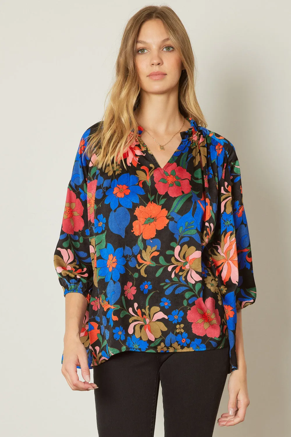 Bold Floral Print Top, Black