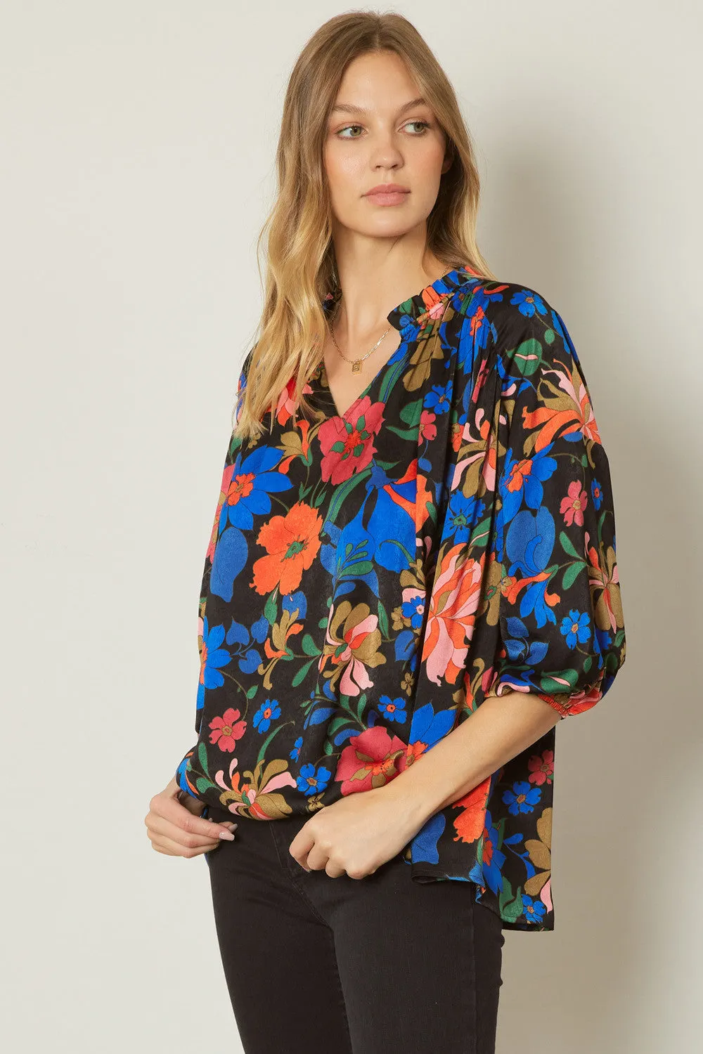 Bold Floral Print Top, Black