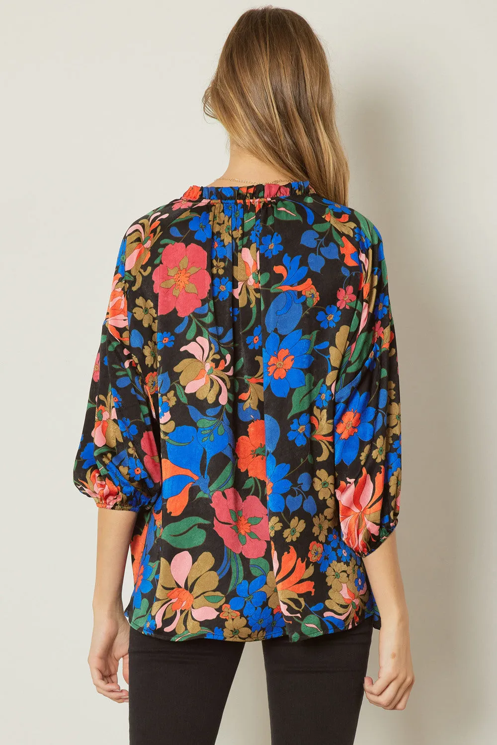 Bold Floral Print Top, Black