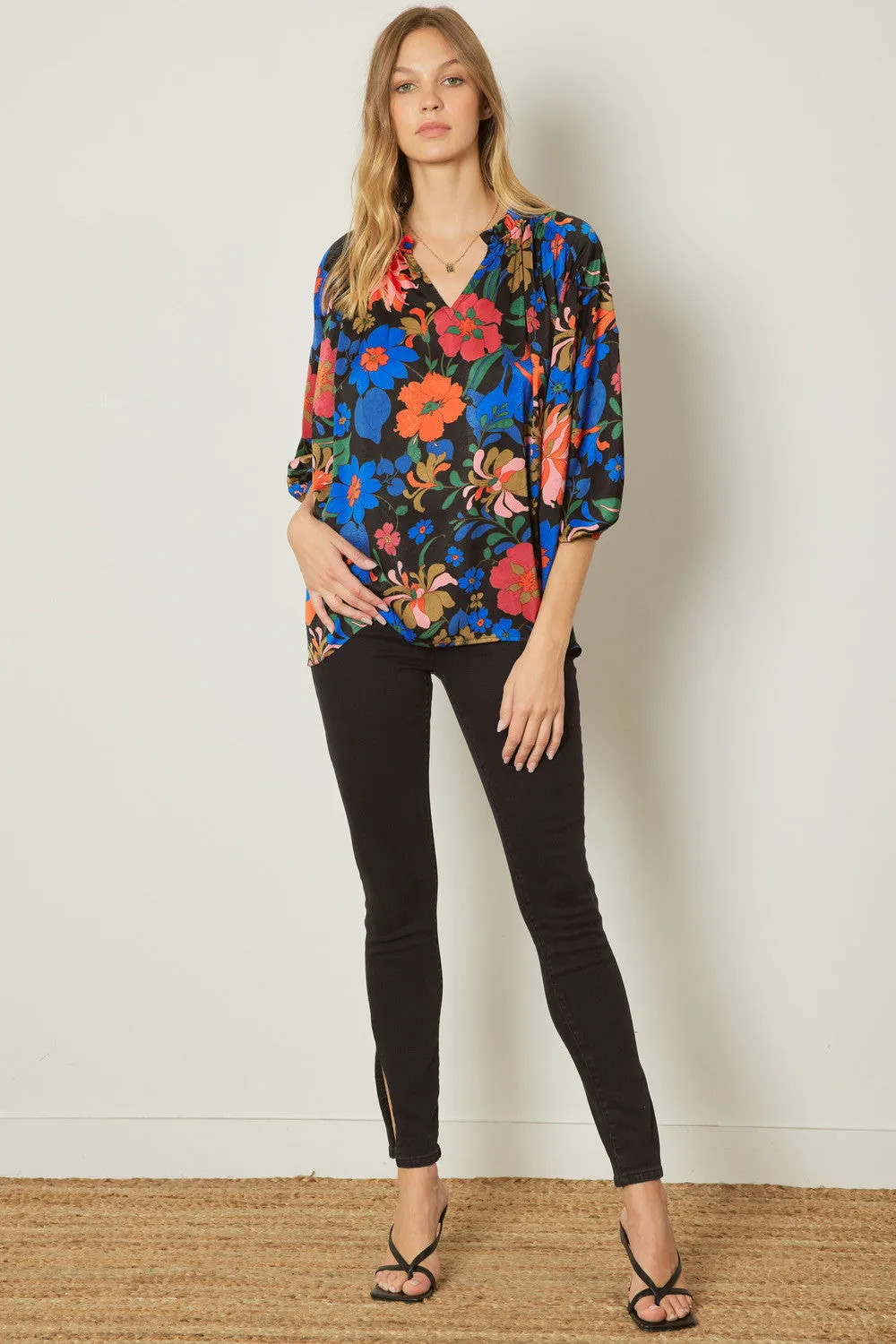 Bold Floral Print Top, Black