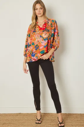 Bold Floral Print Top, Camel