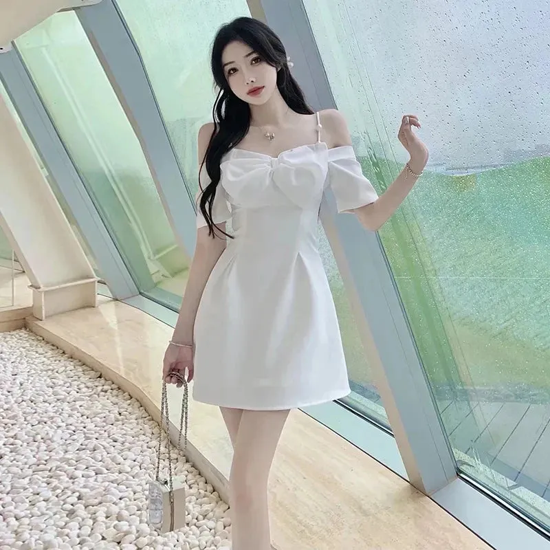 Bow Sexy Slash Neck Dress Women Summer Korean Elegant White Mini Dress Fashion All Match Party Night Camis Vestidos