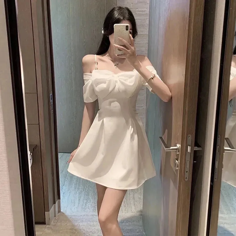 Bow Sexy Slash Neck Dress Women Summer Korean Elegant White Mini Dress Fashion All Match Party Night Camis Vestidos