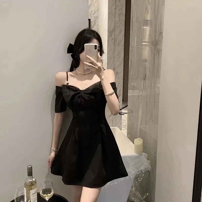 Bow Sexy Slash Neck Dress Women Summer Korean Elegant White Mini Dress Fashion All Match Party Night Camis Vestidos