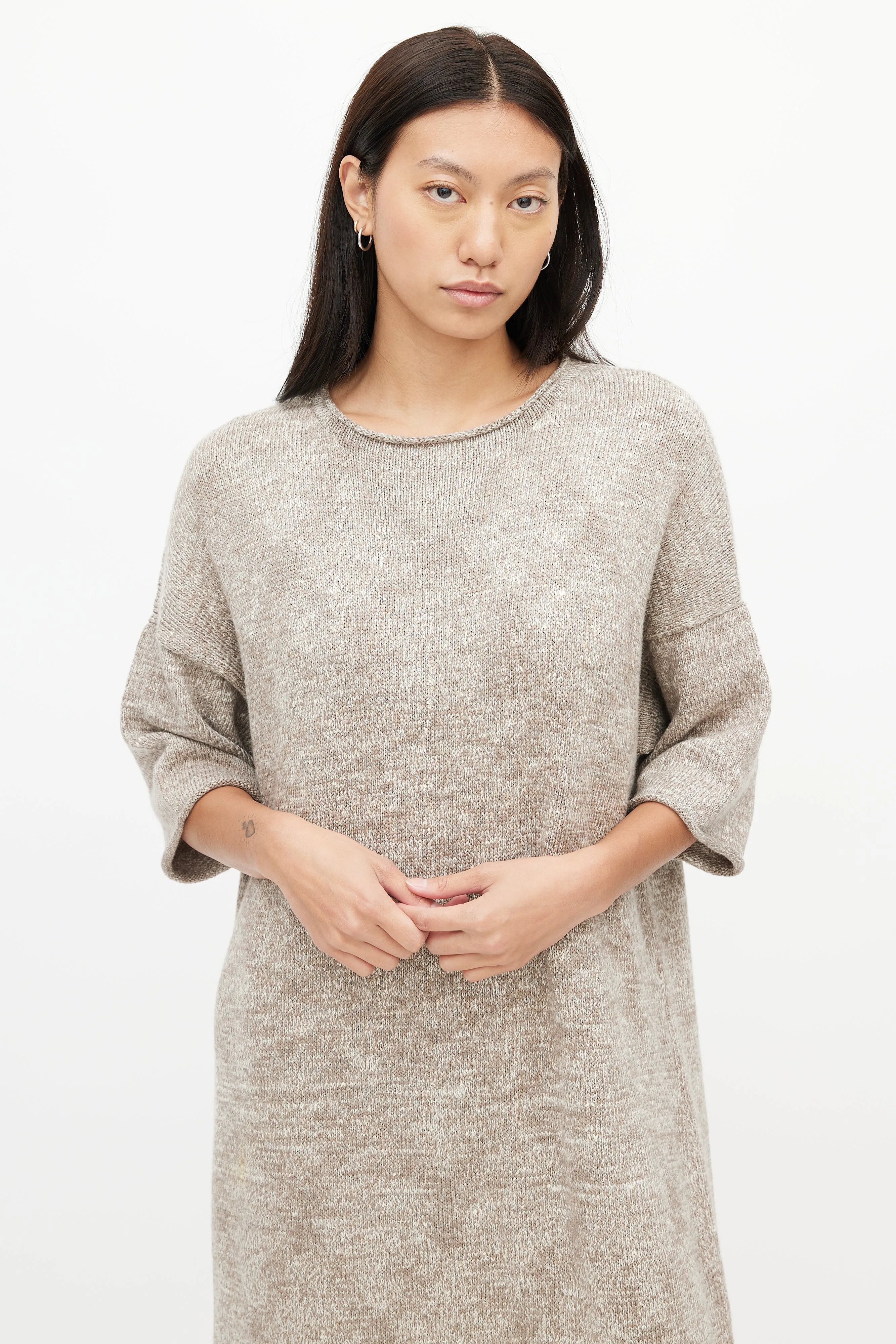 Brown & White Short Sleeve Sweater Dress