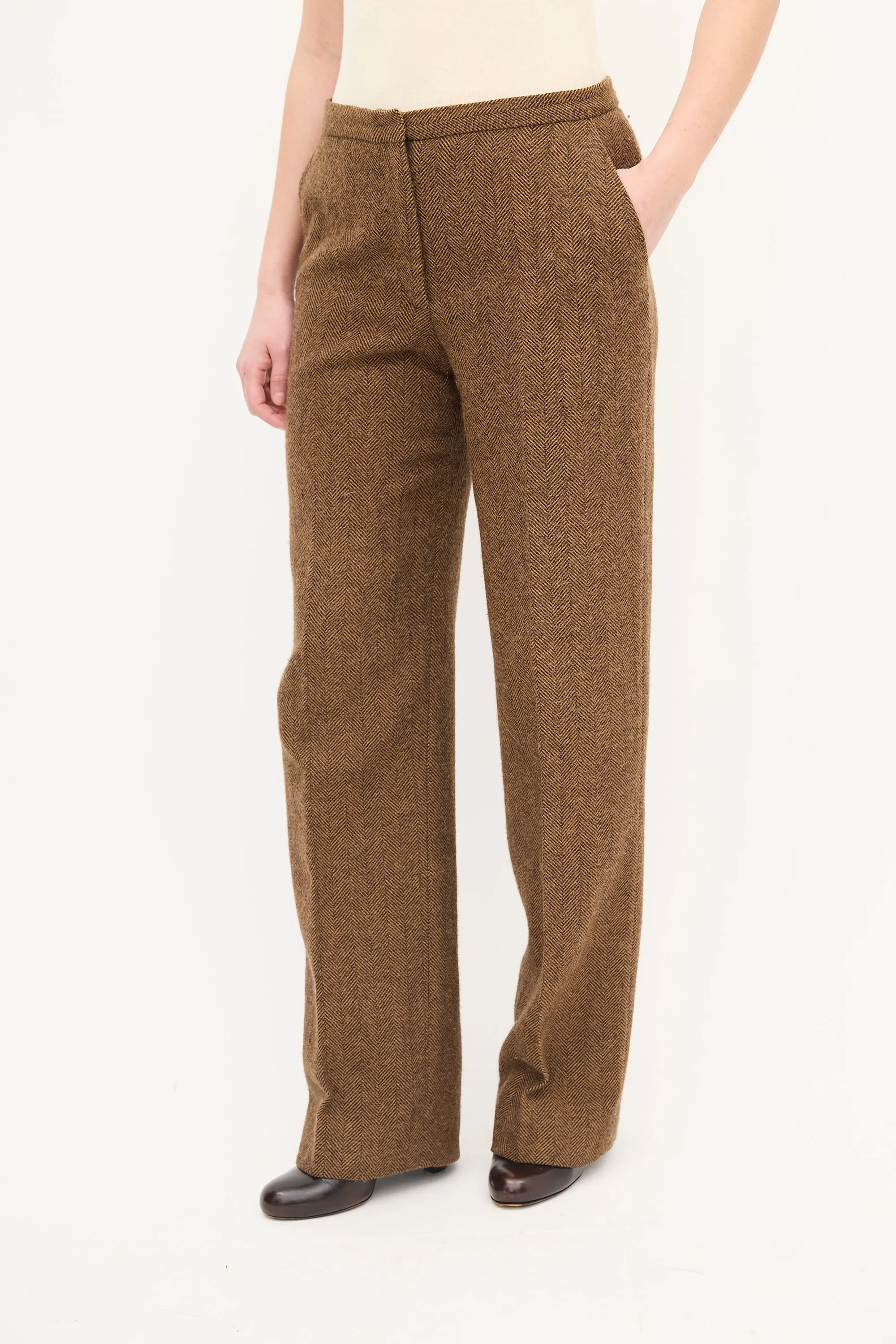 Brown Wool Herringbone Trouser