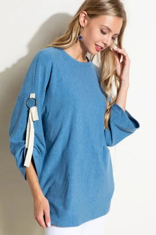 Brushed Terry Roll Up 3/4 Sleeve Top