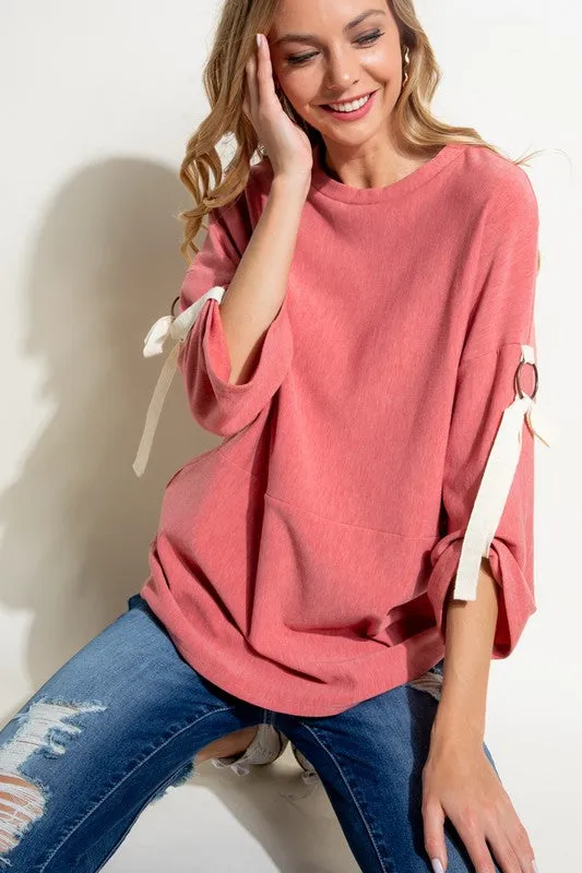 Brushed Terry Roll Up 3/4 Sleeve Top