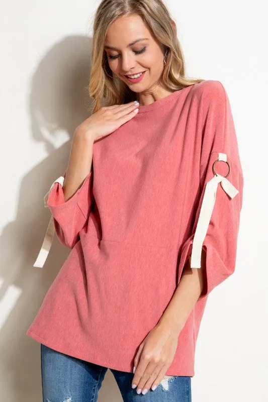 Brushed Terry Roll Up 3/4 Sleeve Top