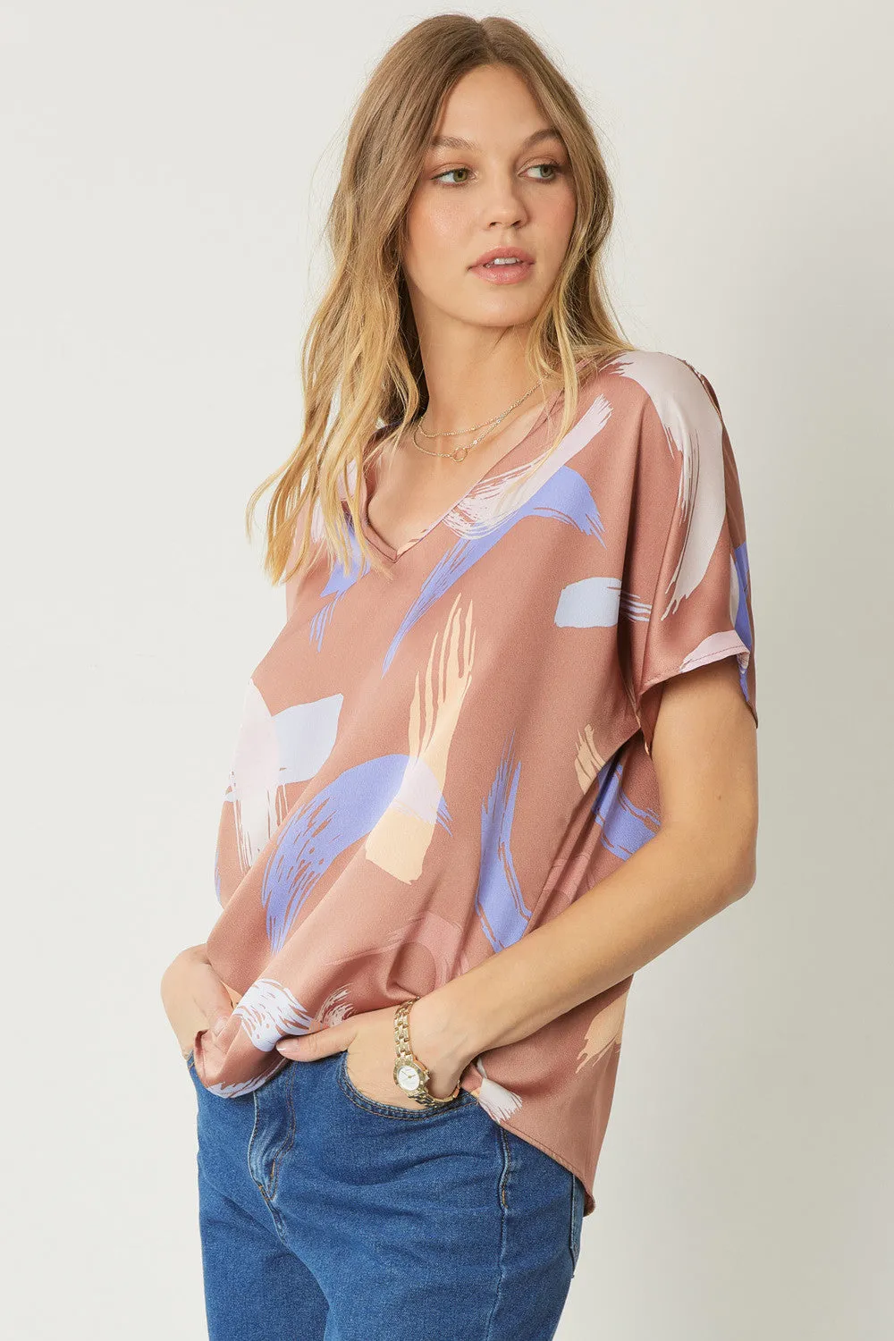 Brushstroke V-Neck Top, Brown