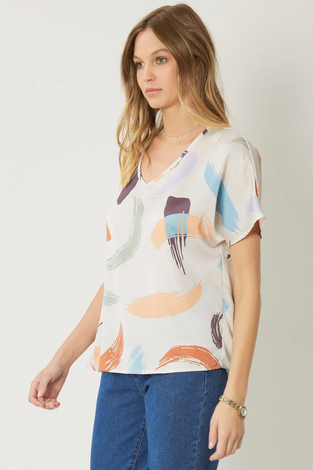 Brushstroke V-Neck Top, Natural