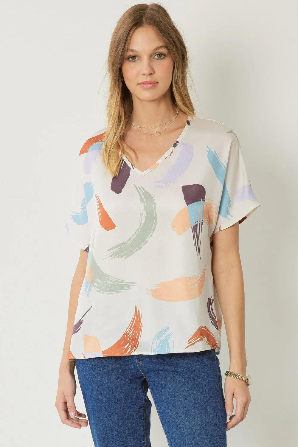 Brushstroke V-Neck Top, Natural