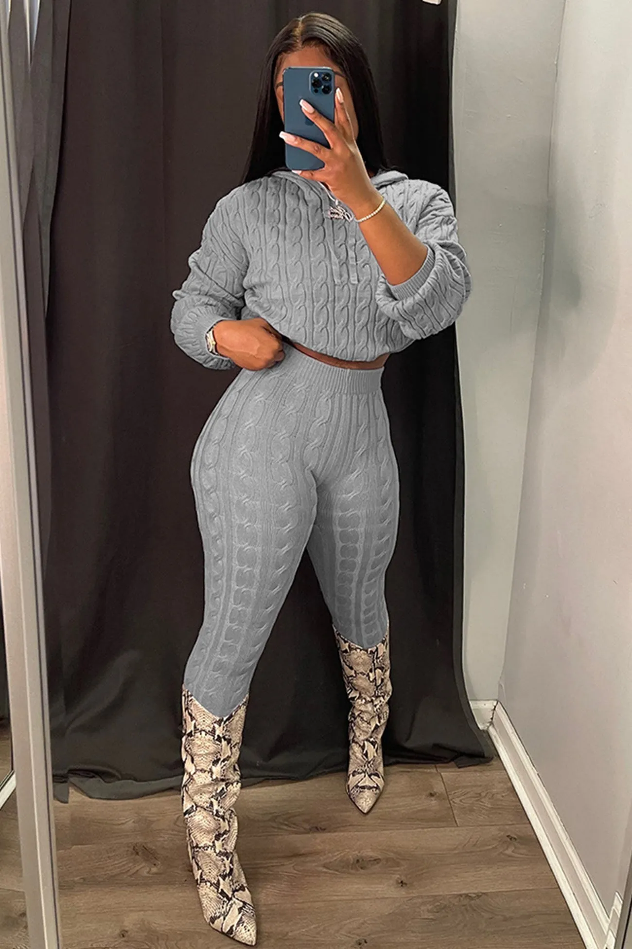 Cable Knit Hooded Sweater Pants Suits