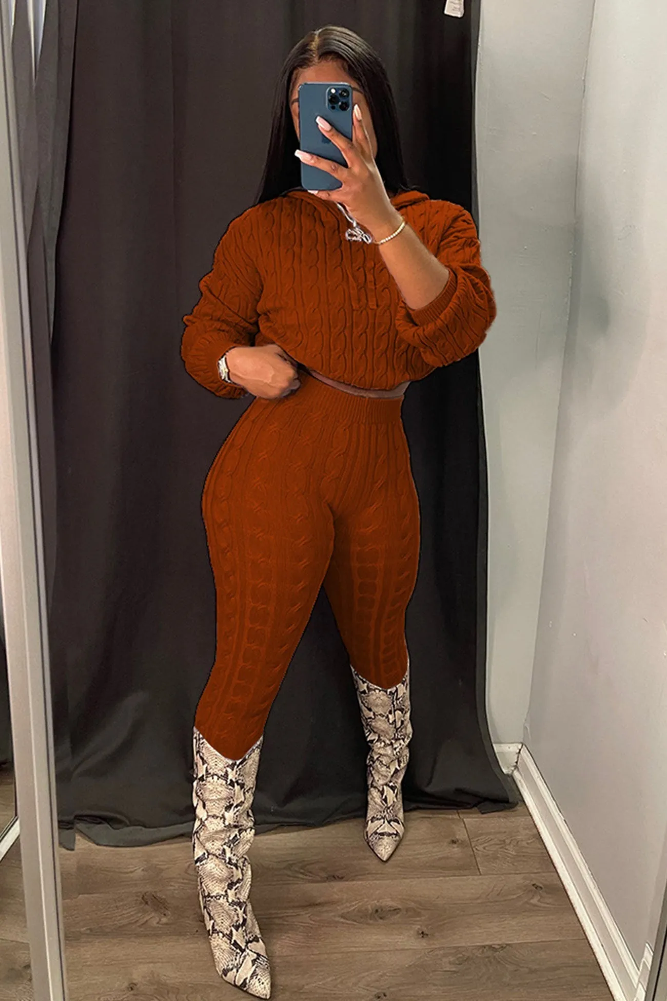 Cable Knit Hooded Sweater Pants Suits