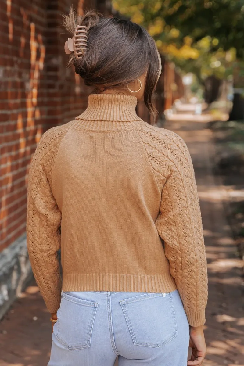 Camel Cable Knit Sleeve Turtleneck Sweater - DOORBUSTER