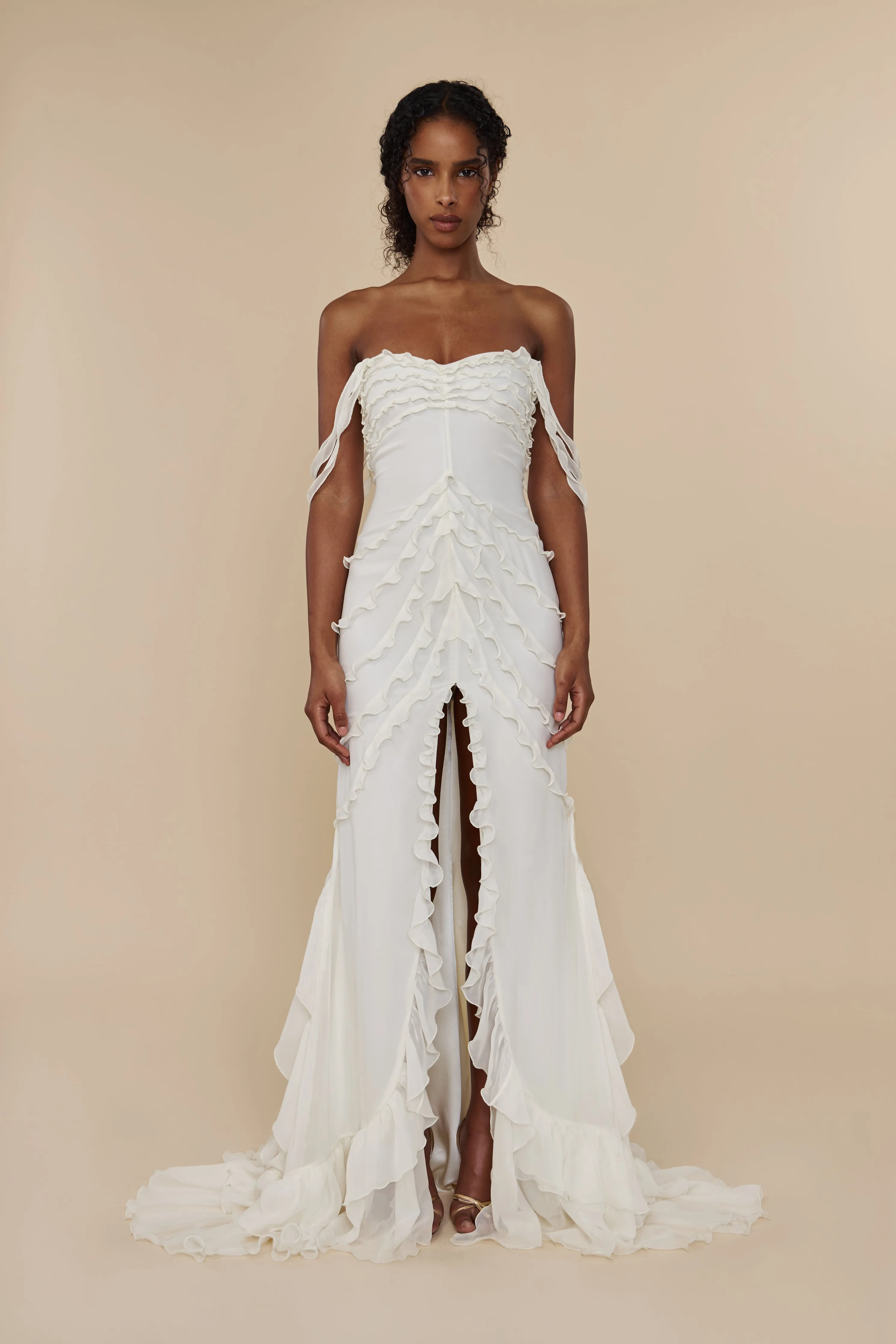 Cascading Ruffle Gown in Pearl (Pre Order)