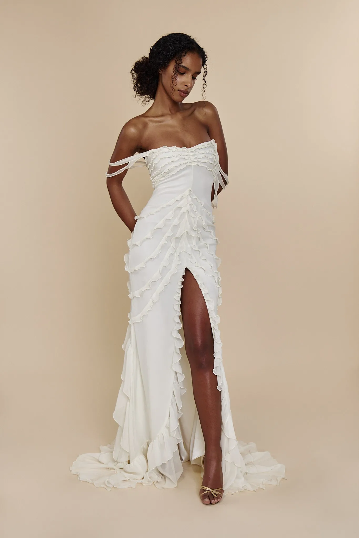 Cascading Ruffle Gown in Pearl (Pre Order)